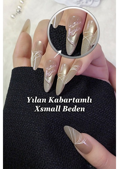 Xsmall Beden Uzun Stiletto Yılan Kabartmalı 10 Adet Takma Tırnak Seti T135 Yılan Kabartma