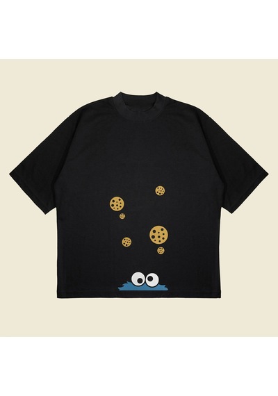 Startmore Cookie Monster Baskılı Oversize Unisex Pamuklu Nefes Alan Kalın Kumaşlı Siyah