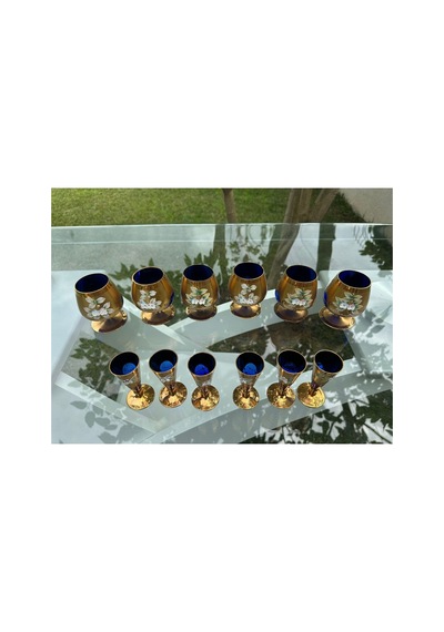 Bohemia Glass 12 Parça Likör Takımı 3 Boyutlu El Boyaması Czech Republic Altın