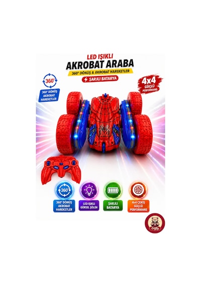 Oyuncak Led Işıklı 360 Akrobat Uzaktan Kumandalı Araba Şarjlı 4x4 Off Road Dublör Oyuncak Araba Kırmızı