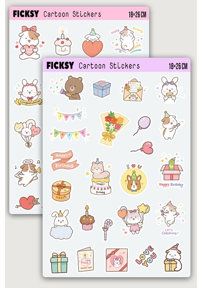 Kawaii Stili Sevimli Hayvanlar Doğum Günü Temalı Sticker Seti - 44 Adet Etiket Çıkartma Diğer