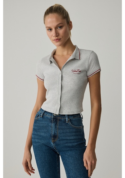 Urban Beat Kaela Kadın Triko Polo Yaka Düğmeli Kısa Kollu Baskı Detaylı Grimelanj T-shirt Gri Melanj
