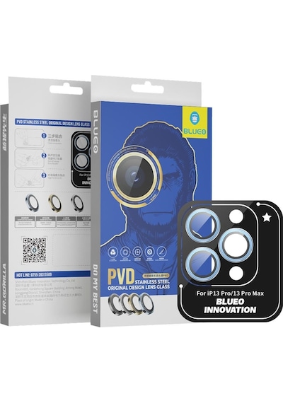 Blueo Apple Uyumlu iPhone 13 Pro/13 Pro Max PVD Paslanmaz Kamera Lens Koruyucu Mavi