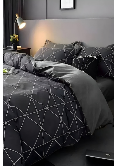 İqon Lastikli Çarşaflı Nevresim Takımı Çift Kişilik Geometric Gri