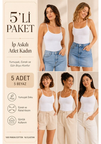Loule Kadın 5'li İp Askılı Atlet Beyaz %95 Pamuk