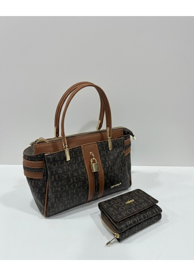 Just Polo Kadın Lüks El & Omuz Çantası Gold Detaylı Özel Tasarım Çanta Ve Uyumlu Cüzdan 22x28 Cm Kahverengi - Taba