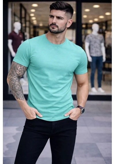 Veraura Lifestyle Erkek T-shirt Bisiklet Yaka Slim Fit Dar Kesim Likralı Tişört Günlük Basic Body - Turkuvaz Turkuaz