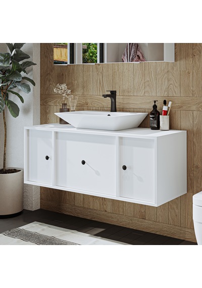 Gusto Ayaksız Lavabolu Mdf 120 Cm Çekmeceli Banyo Dolabı Beyaz Mat Beyaz