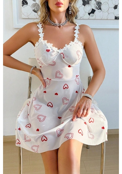 Bella Notte Romantik Kırmızı Kalp Baskılı Dantel Şeritli Gecelik
