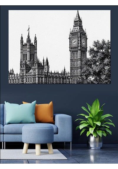Siyah Beyaz Londra Big Ben Şehir Manzarası Dekoratif Kanvas - Mdf Ahşap Tablo