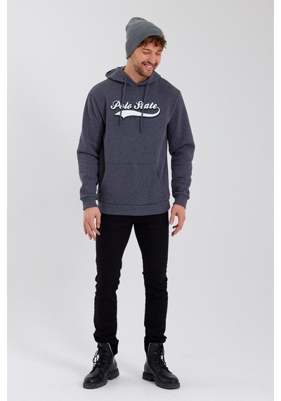 Polostate Erkek 3 İplik Pamuklu İçi Polarlı Baskılı Regular Fit Kapüşonlu Kanguru Cepli Antrasit Sweatshirt Antrasit