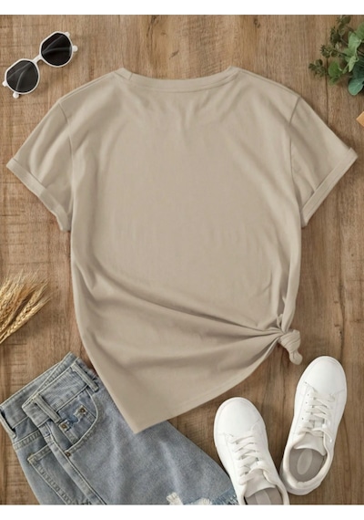 Unisex Pamuklu Love Kalp Ön Baskılı Tasarım Tshirt Bej