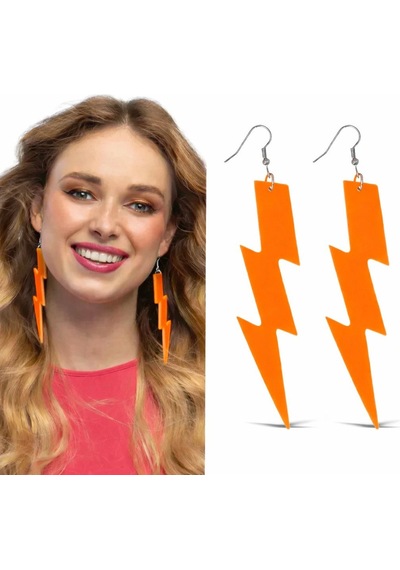 80 Ler 9039lar Retro Neon Turuncu Şimşek Küpe 10 Cm "