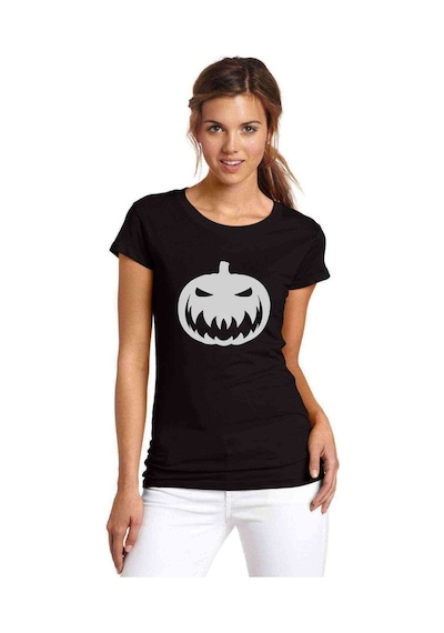 Silhouette Halloween Pumpkin Baskılı Siyah Kadın Tshirt