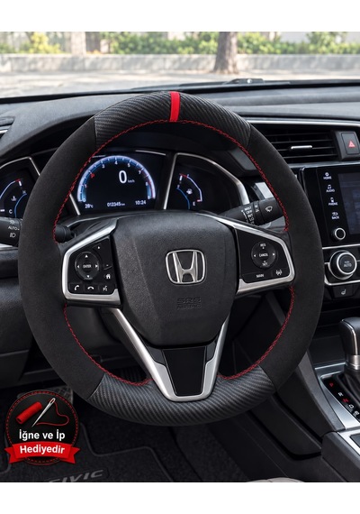 Honda Cr-v Dikme Direksiyon Kılıfı Alcantara Süet Mat Karbon Kırmızı Yüzük Ve Dikiş 2017-2023