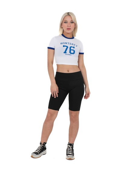 Sortie Collection Bisiklet Yaka Önü Baskılı Pamuklu Crop Tişört Beyaz