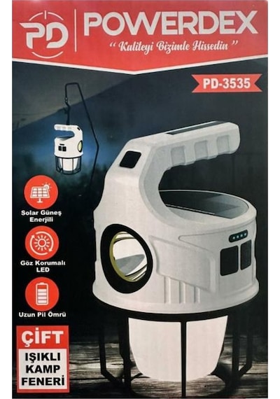 Powerdex PD-3535 Çift Işıklı Güneş Enerjili Kamp Feneri Beyaz