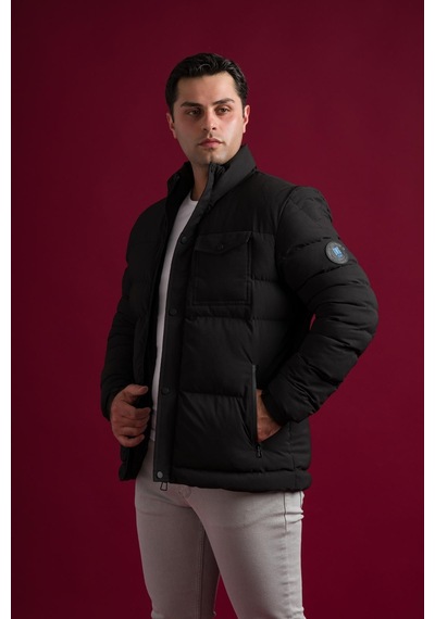 Slimfit Çıtçıt Ve Fermuar Kapamalı Dik Yaka Kolları Lastikli Astarlı Yan Cepli Erkek Kısa Mont 001