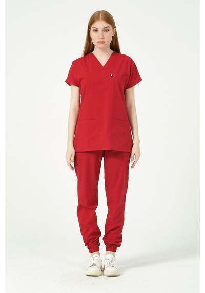 Kırmızı Likralı Scrubs Jogger Paça Doktor Hemşire Forması Yarasa Kol Takım Unisex