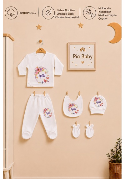 Pia Baby Kişiye Özel %100 Pamuk 5 Parça Kız Bebek Zıbın Seti 2058z0x Krem