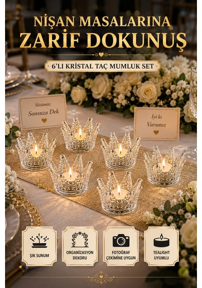 6'lı Set Kristal Taç Mumluk Şeffaf Diğer