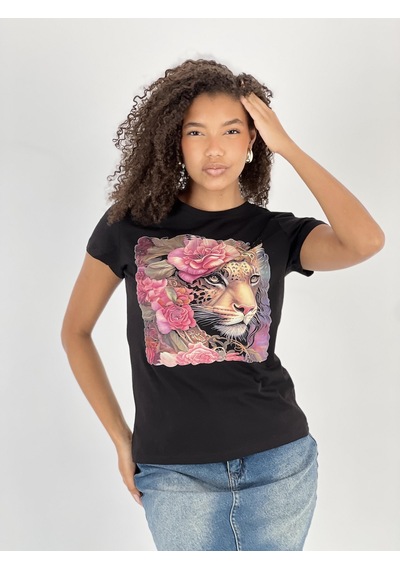 Kadın Leopar Ve Gül Desenli Siyah T-shirt Siyah