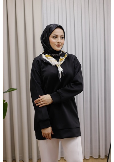 Moonsc Kadın Regular Fit Pamuklu Yaka Fularlı Bisiklet Yaka Siyah Tunik