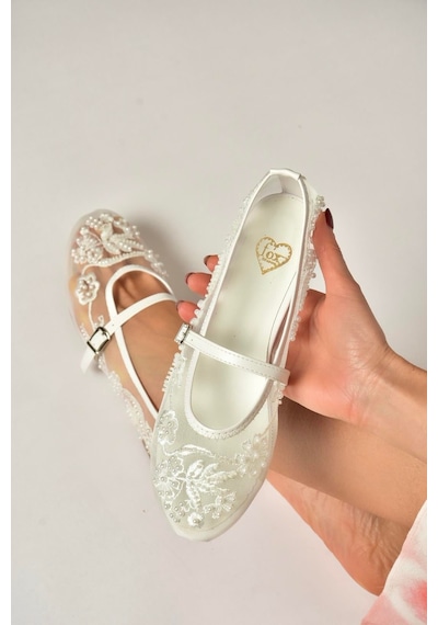 Fox Shoes Y726330115 Beyaz İnci Detaylı File Kadın Babet