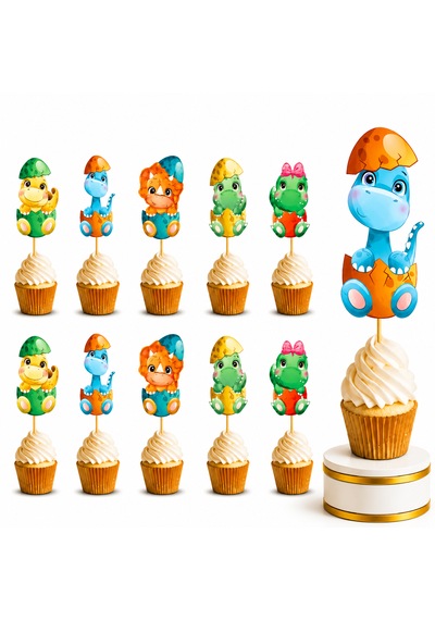 Dinozor Cupcake Süsü 10'lu Kürdan Süs Baby Dino Doğum Günü Parti Kek Süsü
