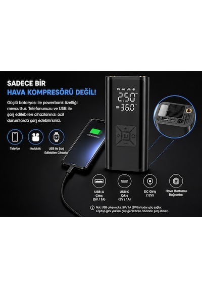 Kablosuz Hava Kompresörü 150 Psı 6000 Mah Dijital Lastik Şişirme Pompası 120w Led Ekranlı Taşınabilir -