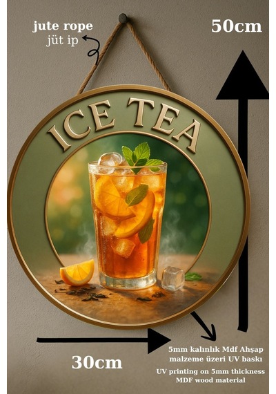 Ice Tea Temalı Kapı Süsü Tablosu, Soğuk Çay Konseptli Uv Baskılı Ferahlatıcı Cafe Büfe Duvar Dekoru