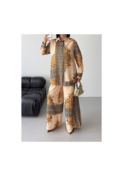Wellway İthal Chokellaa Kumaş Çiçekli Tunik Gömlek & Pantolon 2li Takım-bej -26112 Bej