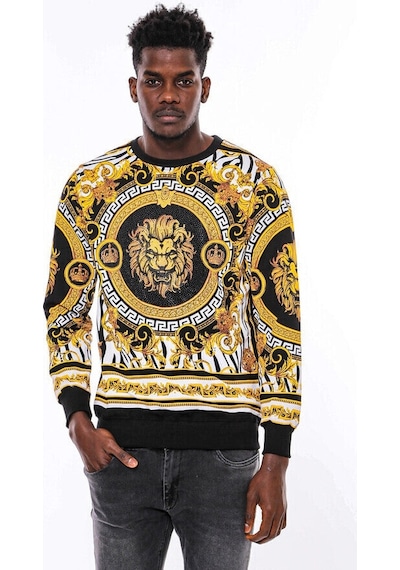 Wessi Siyah Üzerine Taşlı Baskılı Bisiklet Yaka Sweatshirt Siyah