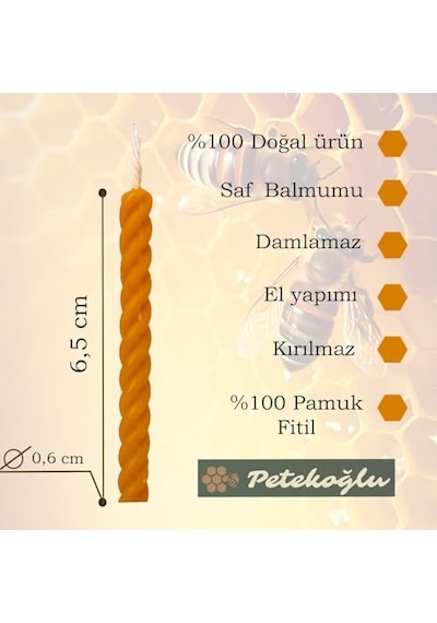 Petekoğlu%100 Doğal Sarı Balmumu Küçük Doğum Günü Ve Pasta Mumu 12'li 6.5 Cm El Yapımı Enerji Sınıfı A 10c