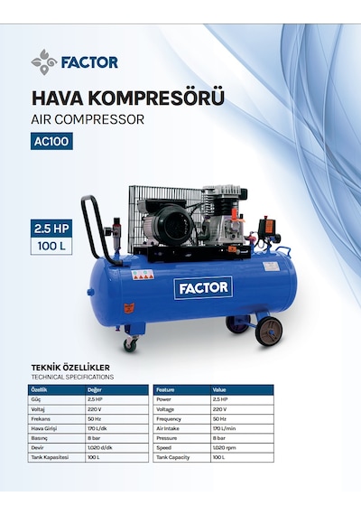Factor AC100 2.5HP 100 L Yağlı Hava Kompresörü