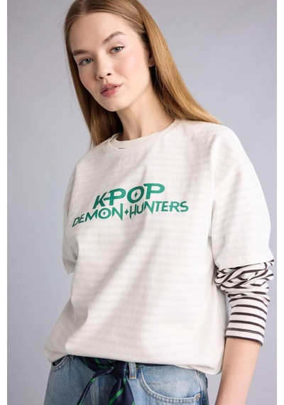 Defacto Kpop - Demon Hunters Oversıze Sırt Baskılı Tişört H7152ax26spwt32 Beyaz-wt32