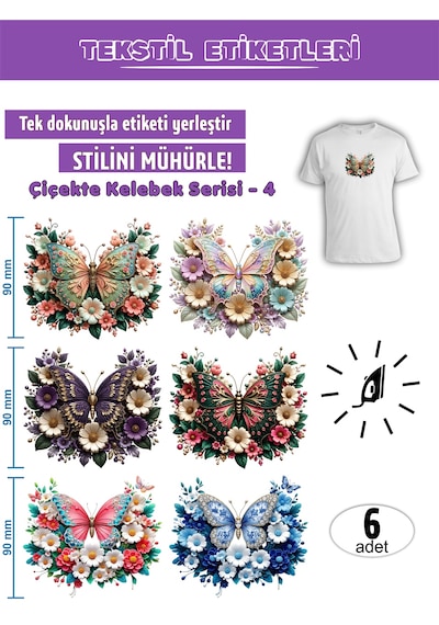 Ütü İle Yapışan Kıyafet Etiketi Çiçekte Kelebek Serisi -4 6lı Set Karışık