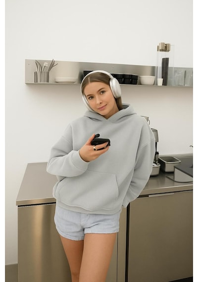 Benroma Baskısız Ünisex Kapüşonlu Sweatshırt Gri