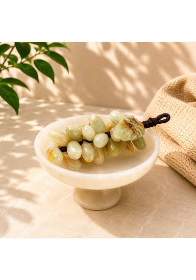 Feng Shui Bereket Üzümü Ve Van Taşı Ayaklı Çanak Seti 30 Taneli Doğal Taş Üzüm Salkımı Dekor 5 İnç El Yapımı Çanak Bej