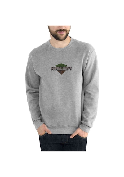 Mine Craft Baskılı Gri Erkek Örme Sweatshirt (528405346)