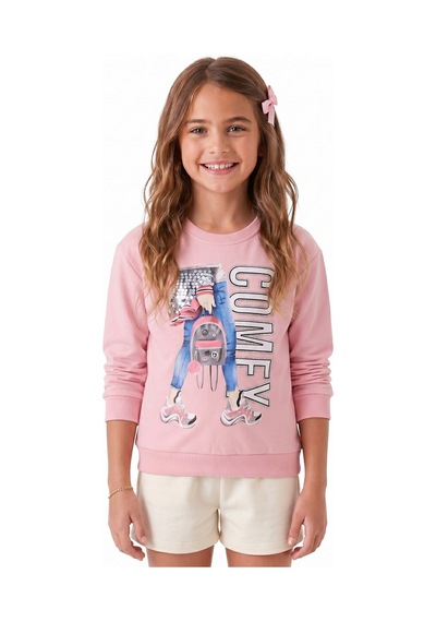 Onloox Kız Çocuk Pudra Kız Çocuk Pudra Pamuklu Bisiklet Yaka Uzun Kollu Pullu Simli Baskılı Sweatshirt 9-14 Yaş