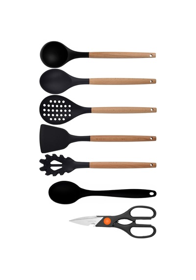 Siyah Bambu Silikon 7'li Mutfak Seti, Kepçe, Kaşık, Kevgir, Makarna Kepçesi, Spatula, Makas Diğer