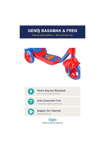 Çocuk Scooter 3 Tekerlekli Frenli Sepetli Dengeli İlk Scooter, Ayarlanabilir Gidon 3+ Yaş Kırmızı
