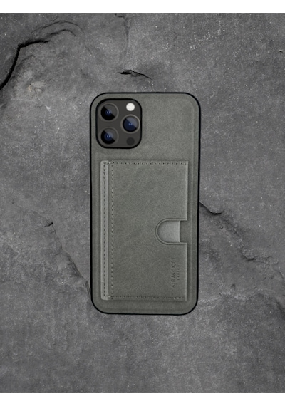 Kartlıklı Tutacaklı Apple Uyumlu iPhone Hakiki Deri Koruyucu Kılıf 15 Pro Gri