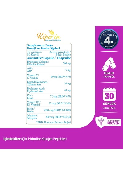 Tr Collagen Kapsül 30 Adet, Hidrolize Peptit 500 Mg, Tip 1-3-5-10, C Vitamini, Çinko, D3, Biotin, Selenyum, Hyaluronik