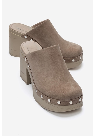 Luvishoes Bellune Taş Süet Hakiki Deri Perçin Detaylı Kadın Kalın Topuklu Terlik