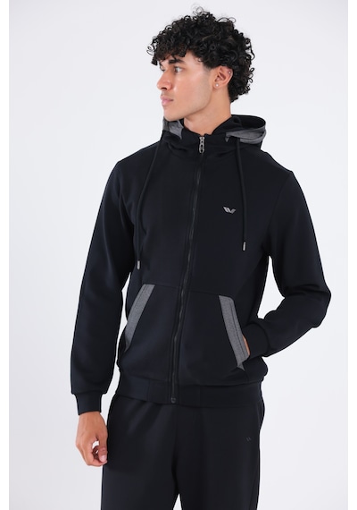 Rowinger Modal Kumaş Kapüşonlu Fermuarlı Kontrast Detaylı Erkek Sweatshirt Siyah