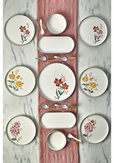 Kitchen Life 23 Parça 6 Kişilik Flowers Stackable Kahvaltı Takımı -  Sosluklu ve Kaşıklı Kahvaltılık Sunum Seti Beyaz