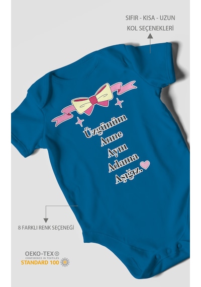 Üzgünüm Anne Aynı Adama Aşığız Baskılı Bebek Zıbını Çıtçıtlı Body %100 Pamuk Kısa Kol Koyu Mavi