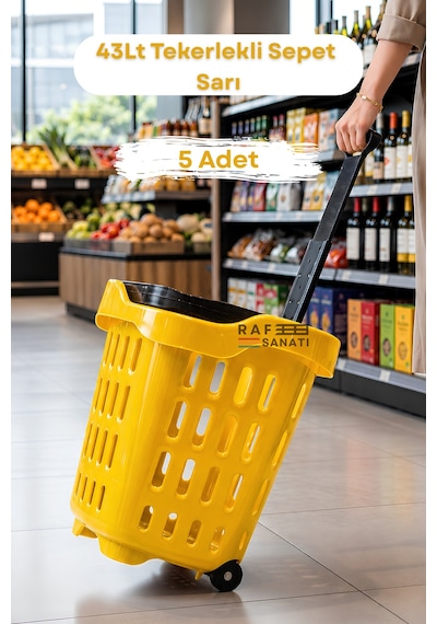 5 Adet - 43 Lt Tekerlekli Market Sepeti Plastik Alışveriş Sepeti Ergonomik Çift Saplı Sarı